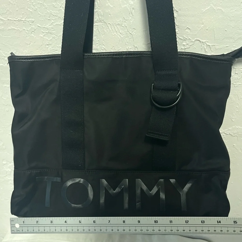 Tommy Hilfiger Black Satchel with Red Interior Accents Shiny Logo Messenger Bag